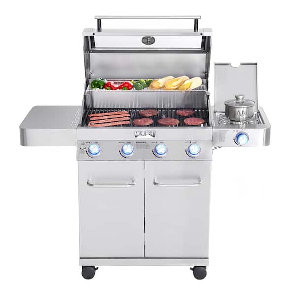4-Burner Propane Gas Grill in Stainless with Clear View Lid, LED Controls, Side Burner, and Grill Cover