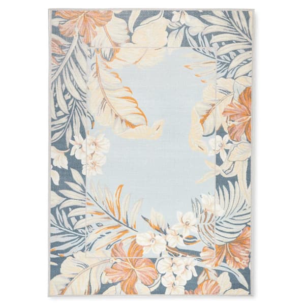 Bimini Blooming Border Blue/Grey 3 ft. x 5 ft. Indoor Outdoor Area Rug