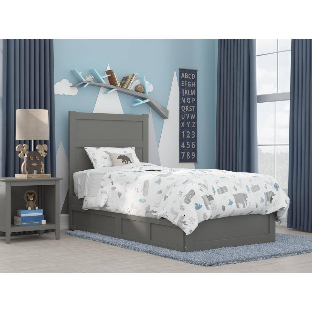 Gray Twin Wood Bed with Headboard and Storage Drawers
