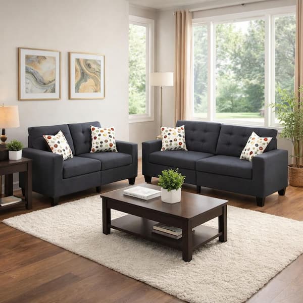 Linen Fabric 2 Pieces Sofa Set In Dark Gray