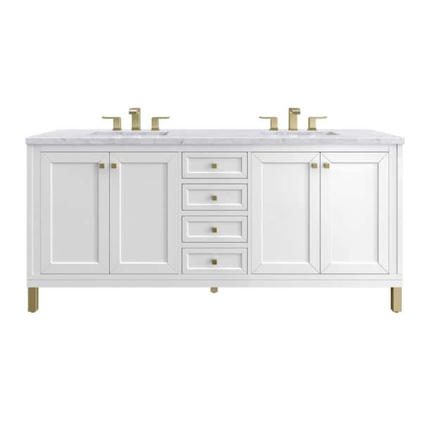 James Martin Vanities Chicago 72.0 in. W x 23.5 in. D x 34 in. H Bathroom Vanity in Glossy White with Carrara Marble Marble Top