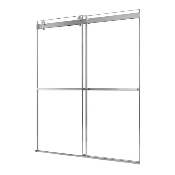ANGELES HOME 60 in. W x 76 in. H Sliding Frameless Shower Door in Brushed Nickel Finish with 3/8 in. Clear Glass, No Need Wall Groove