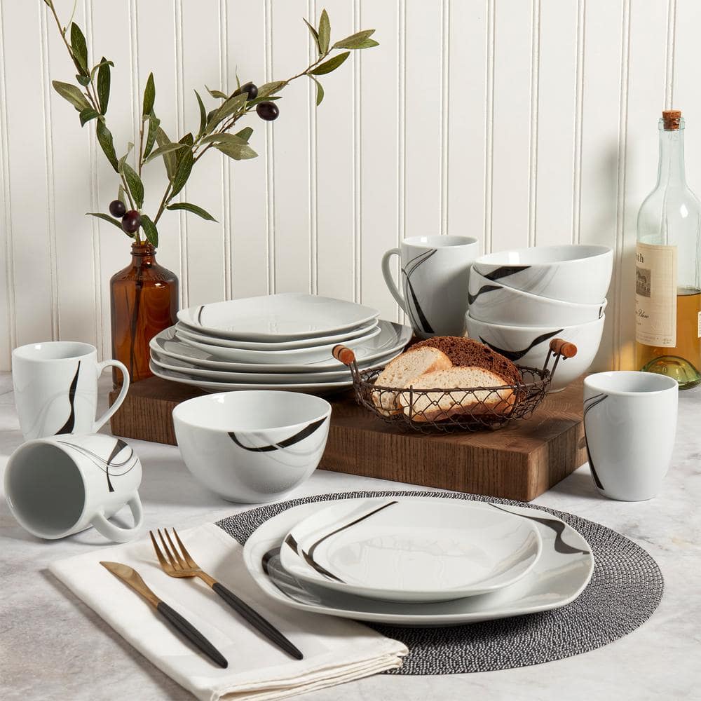 Carnival White Porcelain Square Dinnerware Set, Service for 4