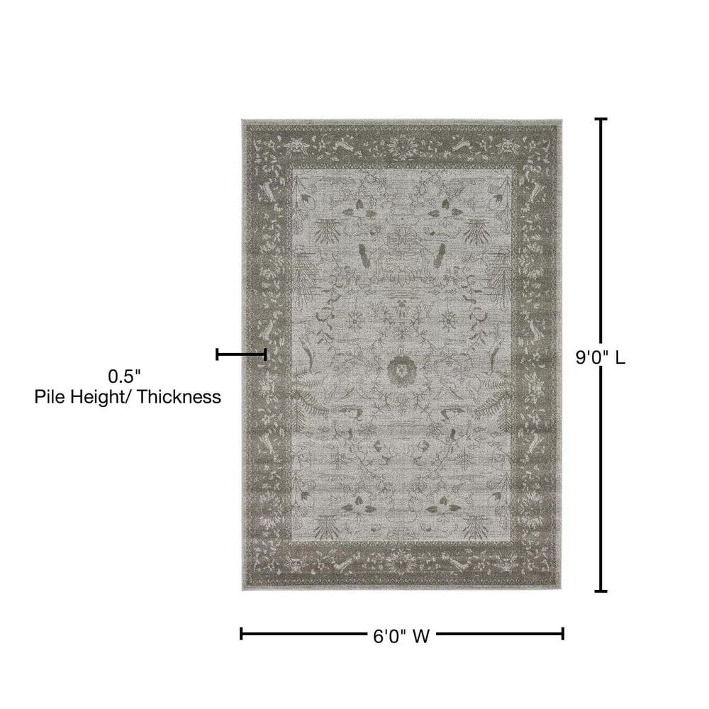Light Gray Floral Synthetic Easy Care Stain-Resistant Rug 6' x 9'