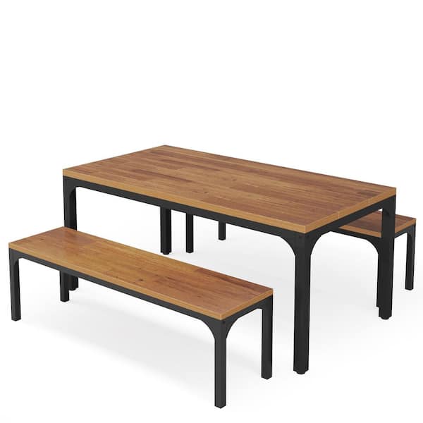 BYBLIGHT 55 in. Farmehouse Brown Wooden Rectangular 4-Legs Dining Table Set with 2 Benches Seating 6-People