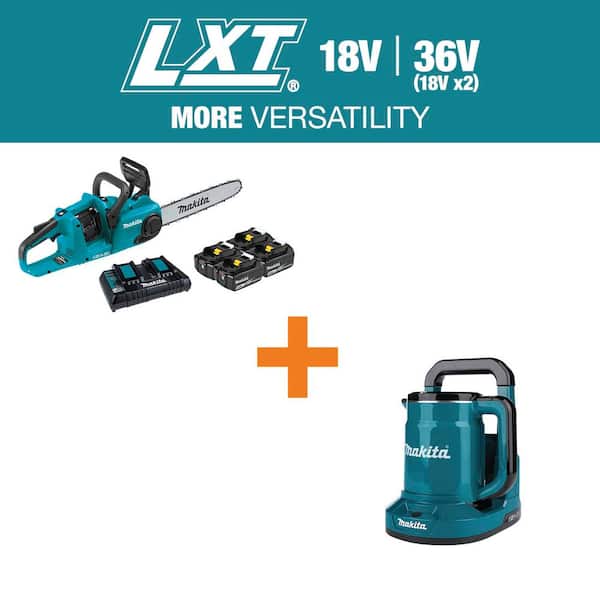 LXT 14 in. 18V X2 (36V) Brushless Chainsaw Kit w/ Four 5.0 Ah Batteries w/ bonus 36V(18V X2) LXT Hot Water Kettle