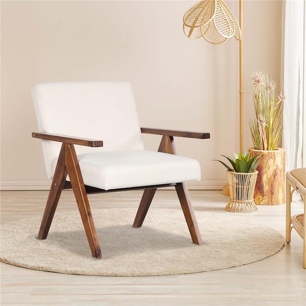 Beige Sponge Accent Chair with Solid Acacia Wood Frame