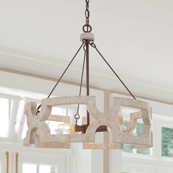 LNC Coastal White Weathered Wood Drum Chandelier with Rust Textured Metal Parts 3-Light Farmhouse Island Hanging Pendant
