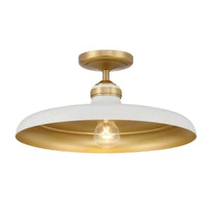 Crowne 16 in. 1-Light Off-White Cream and Legacy Brass Vintage Semi-Flush Mount with Round Metal Shade, No Bulb Included