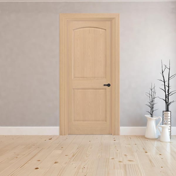 30 in. x 80 in. 2-Panel Round Top Left-Hand Unfinished Red Oak Wood Single Prehung Interior Door with Nickel Hinges