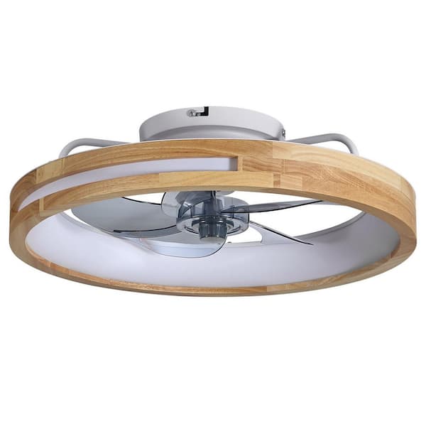 20 in. Indoor Wood Grain Natural Standard Low Profile Dimmable Caged Farmhouse Flush Mount Ceiling Fan with LED Light