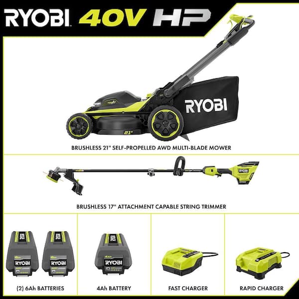 40V HP 21" Brushless Cross Cut Self-Propelled All Wheel Drive Mower w/ String Trimmer/Line, 6.0 Ah Batteries & Charger