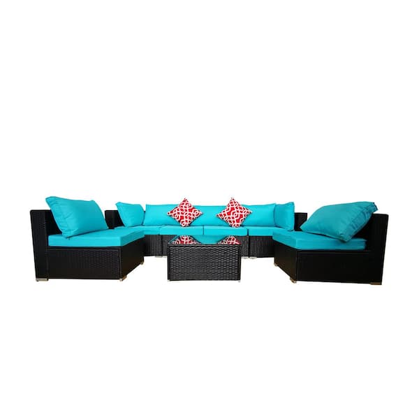 Willit Classic Black Wicker Outdoor Chaise Lounge with Blue Cushions