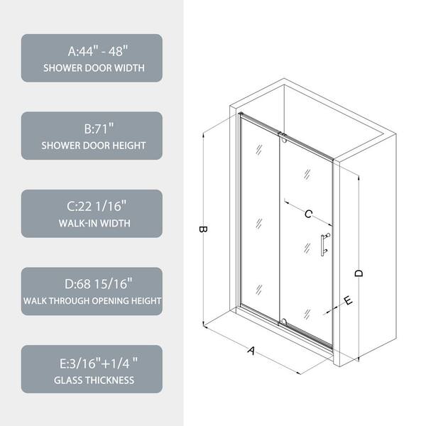 TOOLKISS 44 to 48 in. W x 71 in. H Framed Pivot Shower Door in Black with Clear Glass