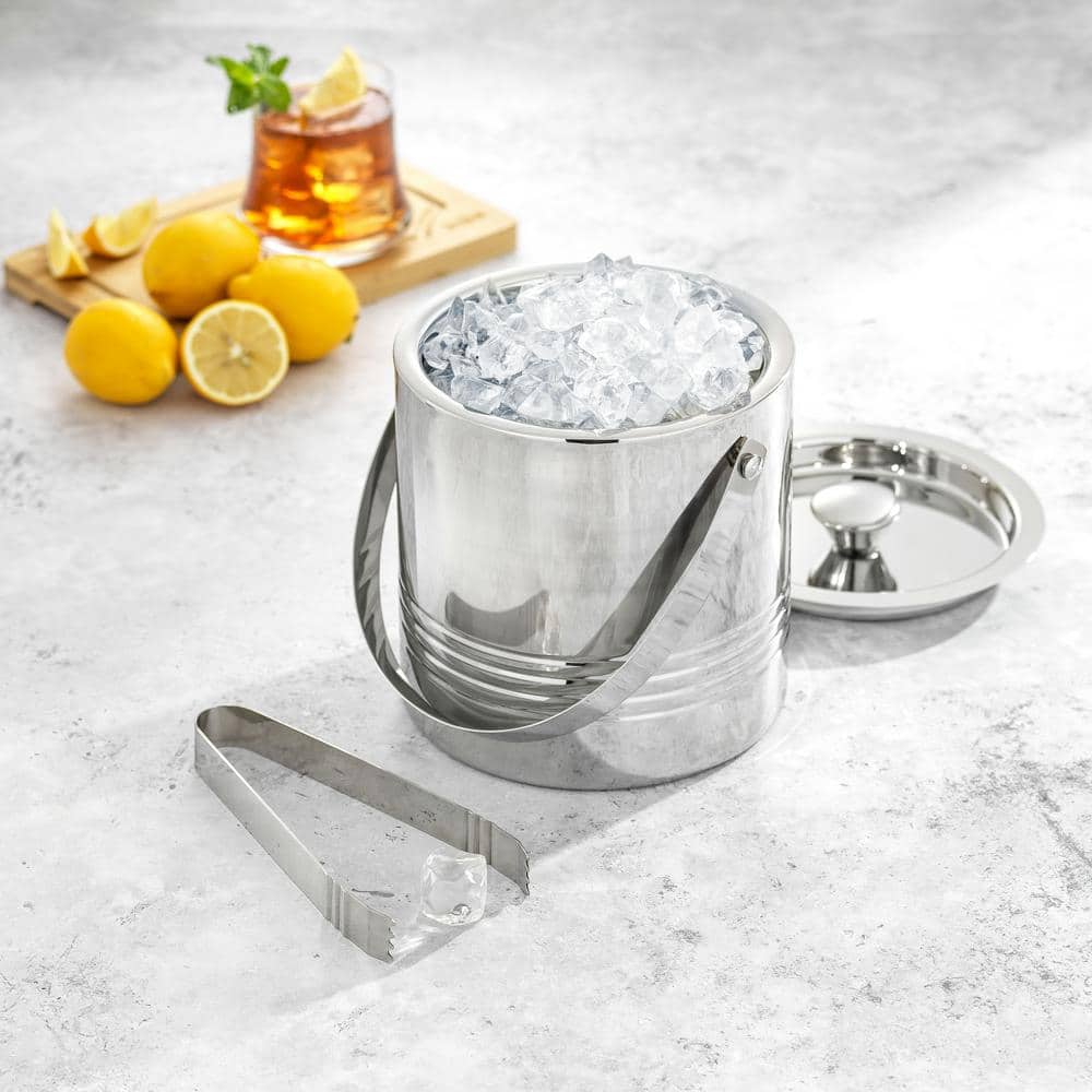 Stainless Steel Double Wall Ice Bucket with Lid and Tongs