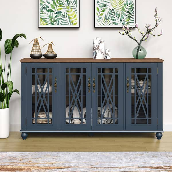 FESTIVO Vintage Navy MDF 63 in. Storage Buffet Sideboard with Floral Design Doors