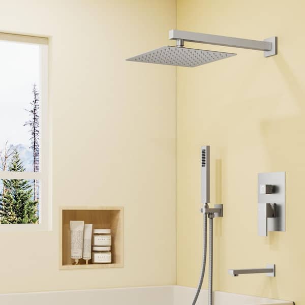 Dual Handles 3-Spray 10 in. Wall Mount 2.5 GPM Shower Head Tub and Shower Faucet in Brushed Nickel (Valve Included)