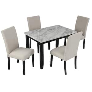 5-Piece White Dining Set Faux Marble Table with 4 Thicken Cushion Dining Chairs Home Furniture