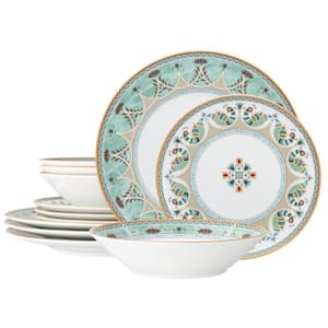 Serene Garden 12-Piece (Green) Porcelain Dinnerware Set, Service for 4