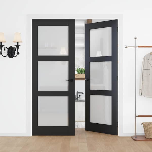 56 in. x 80 in. 3-Lite Frosted Glass Universal Black Solid Core Glass Double Prehung French Door+ Quick Assemble Jamb