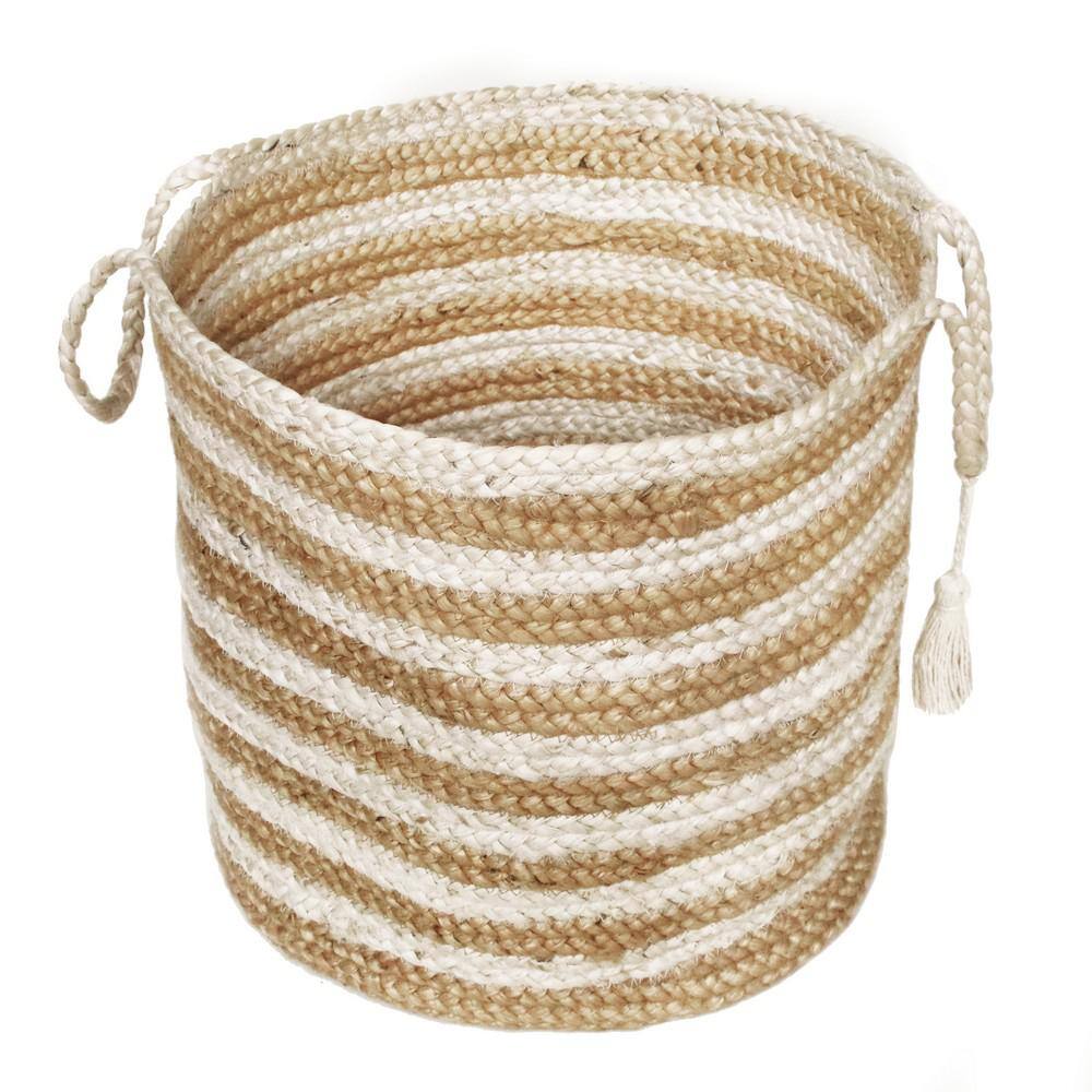 Handmade Striped Natural Jute Round Storage Basket with Handles