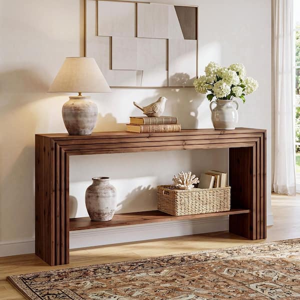 BYBLIGHT Turrella 63 in. Brown Rectangle Solid Wood Entry Console Table ...