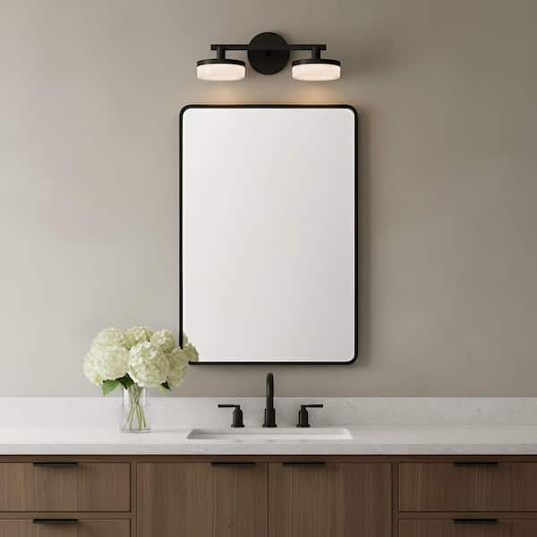 Khan 14 in. 2-Light Aged Iron Integrated LED Bathroom Bedroom Wall Vanity Light with Silk Screen White Glass Shades