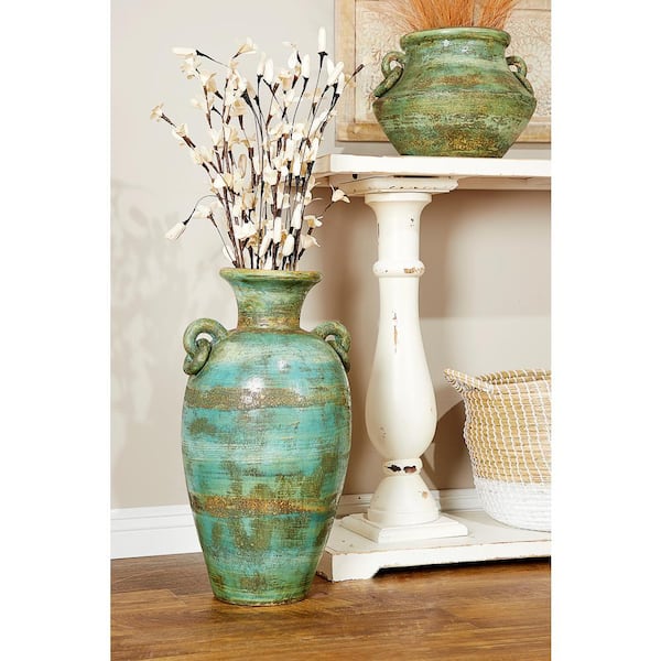 Litton Lane 23 in. Green Distressed Ceramic Decorative Vase