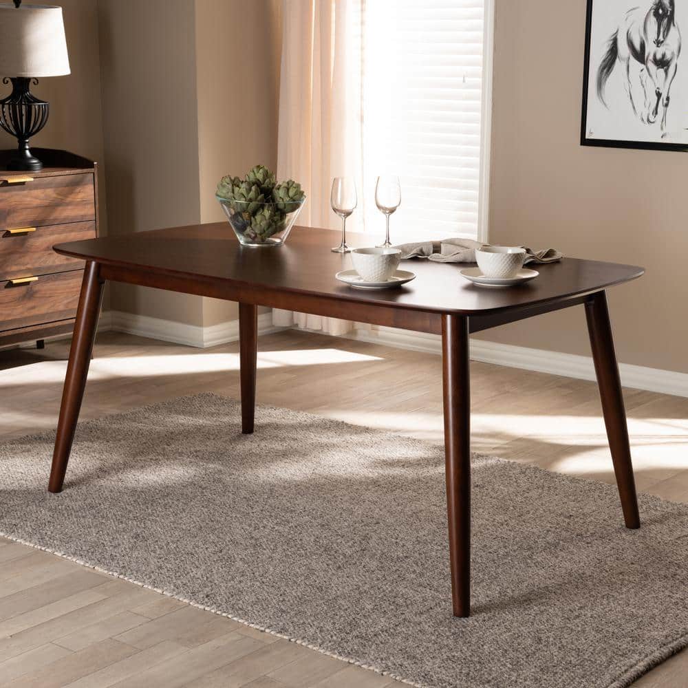 Flora Mid-Century Modern Solid Rubberwood Dining Table in Walnut