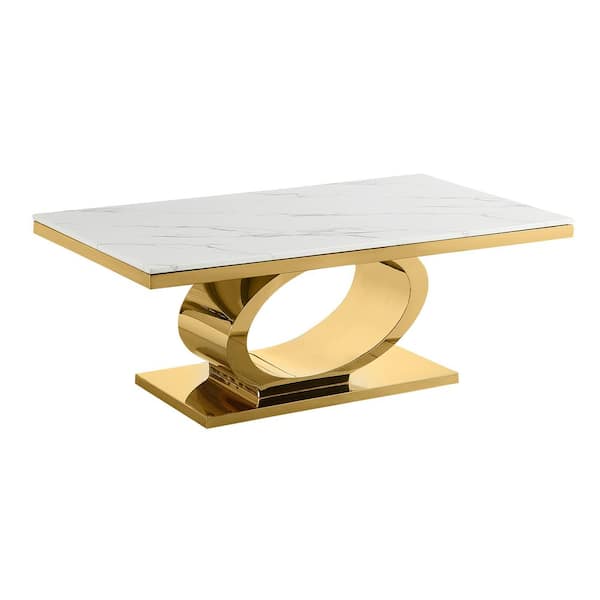 Best Quality Furniture Megan 55 in. White Rectangle Marble Top Coffee Table with Gold Stainless Steel Base