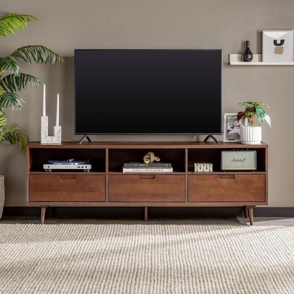 Welwick Designs 70 in. Walnut Solid Wood Boho Modern 3-Drawer TV Stand Fits TVs up to 80 in.