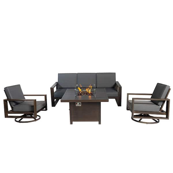 PATIOPTION Aluminum Patio Conversation with Gray Cushions, 41.34 in. Fire Pit Table Sofa Set - 2-Swivel plus 3-Seater Sofa