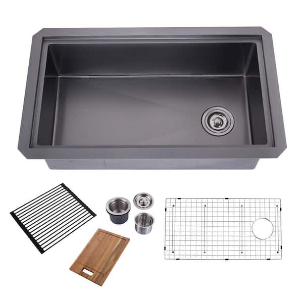 32 in. Undermount Workstation Single Bowl Black Stainless Steel Kitchen Sink with Bottom Grids and Basket Strainer