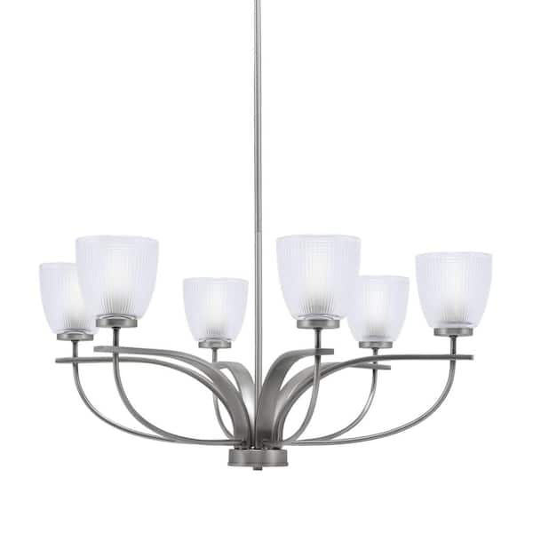Olympia 6 Light, Uplight, Chandelier, Graphite Finish, 5 in. Clear Ribbed Glass