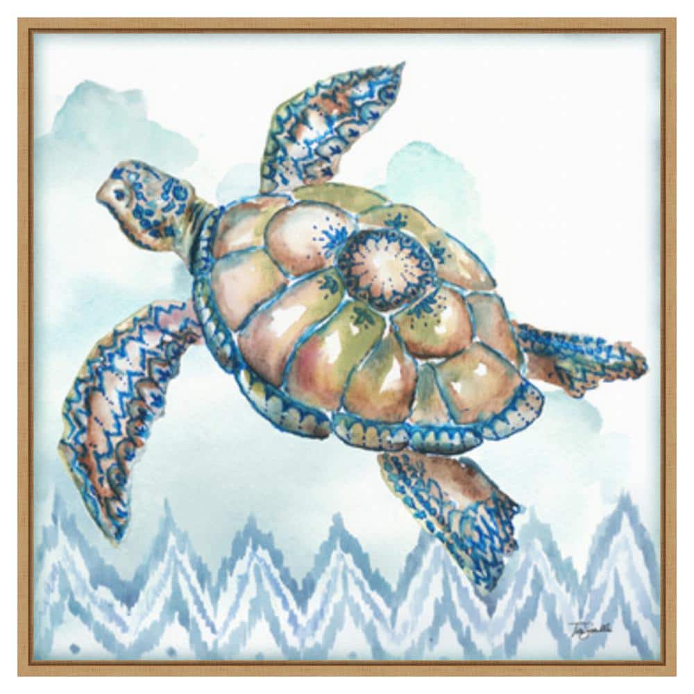 30"x30" Blue and Green Watercolor Sea Turtle Framed Canvas Wall Art