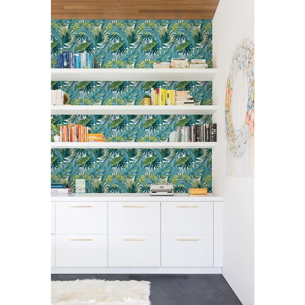 Tropical Palm Teal and Green Vinyl Peel and Stick Wallpaper