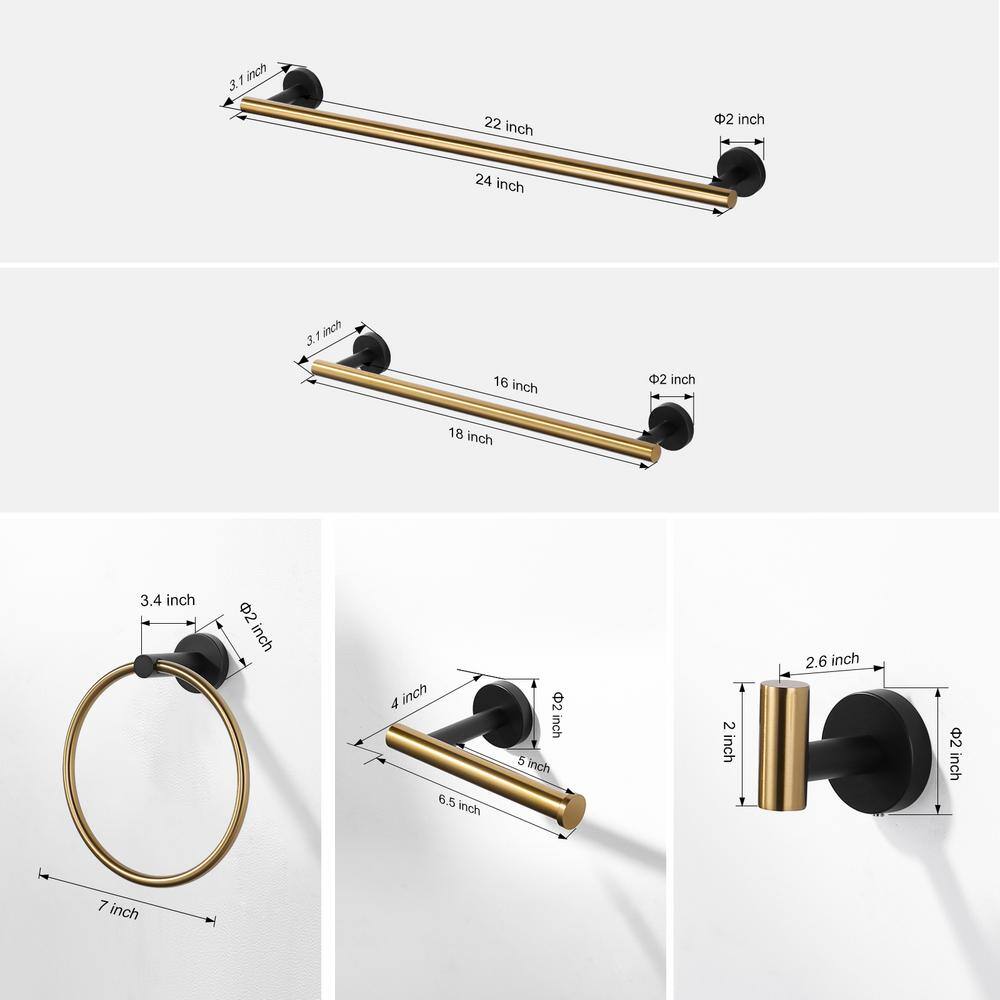 Matte Black and Gold 6-Piece Stainless Steel Bathroom Hardware Set