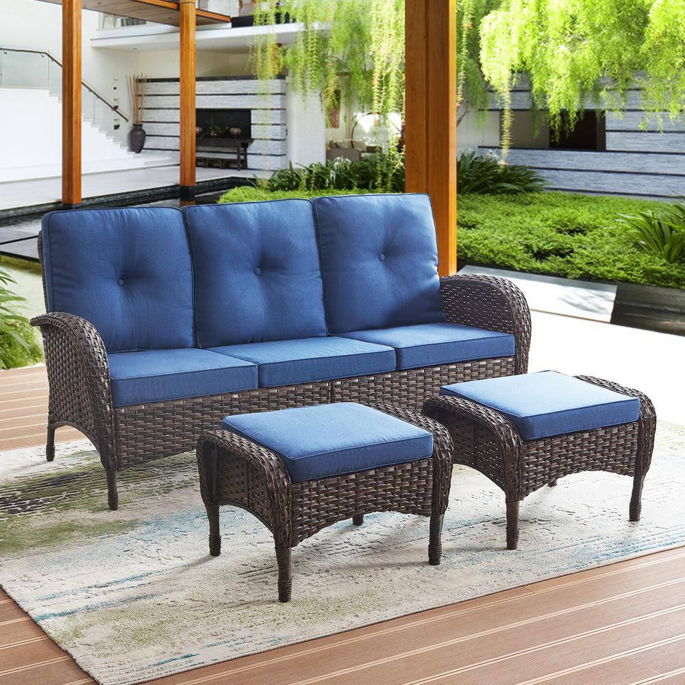 Brown Wicker Outdoor Ottomans with Blue Cushions Set of 2
