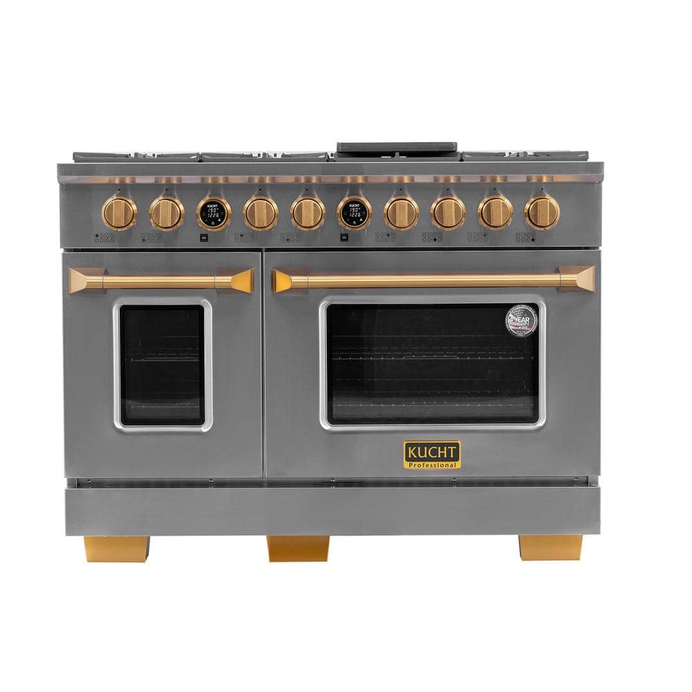 Kucht 48 in. 6.7 cu.ft. 8-Burners Dual Fuel Range Natural Gas in Stainless Steel with Gold Accents and Digital Dial Thermostat