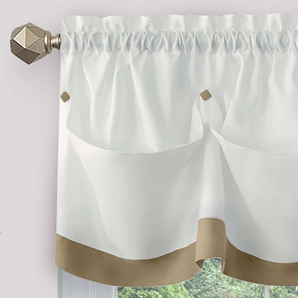 Tan and White Polyester Rod Pocket Kitchen Window Tier and Valance Set