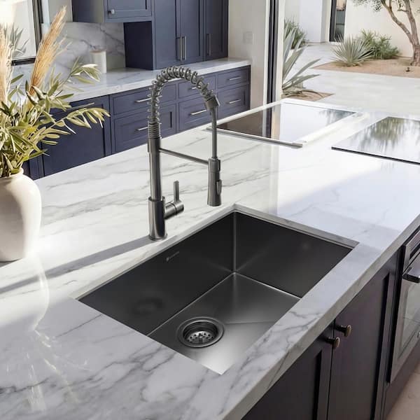 27 in. Undermount Single Bowl 18 Gauge Gunmetal Black Stainless Steel Kitchen Sink with Black Spring Neck Faucet