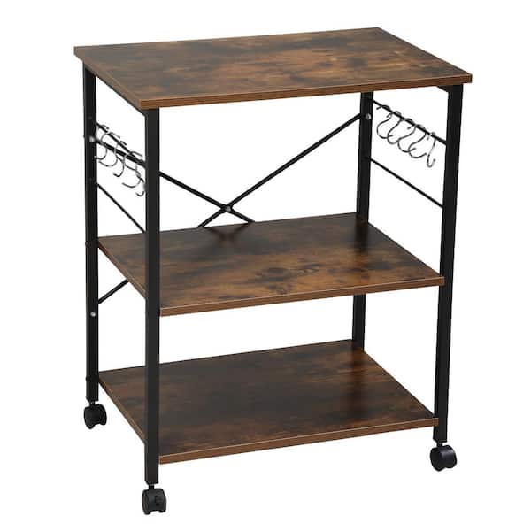 Tileon Brown and Frosted Black Kitchen Cart with 3-Tier Storage Space