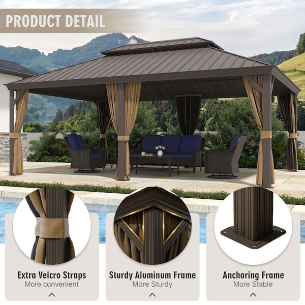 12 ft. x 22 ft. Double Galvanized Steel Roof Aluminum Frame Outdoor Patio Hardtop Gazebo with Netting and Curtains