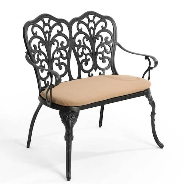 Unbranded 34.6 in. 2-Person Black Cast Aluminum Outdoor Bench All Weather Patio Park Garden Bench with Brown Cushions