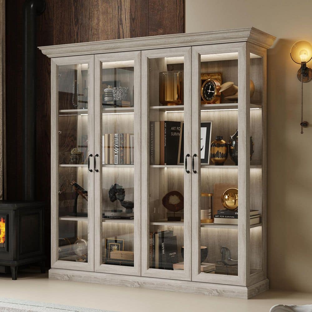 キッチンボ－ド FUFU&GAGA Gray Oak 68.5 in. Display Cabinet with Tempered Glass