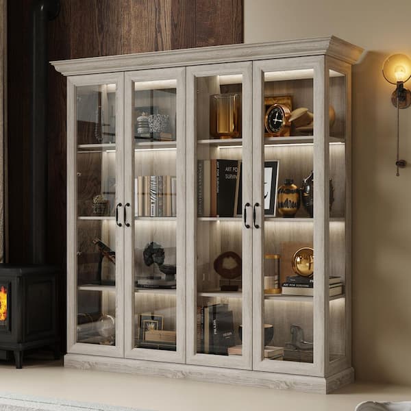 FUFU&GAGA Gray Oak 68.5 in. Display Cabinet with Tempered Glass Doors and LED Strip Lighting, Anti-Tip Kit