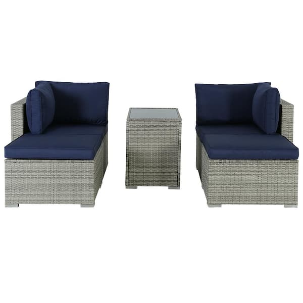 Unbranded 5-Piece Gray Wicker Outdoor Sectional Set, Rattan Outdoor Patio Set with Blue Cushions, Ottoman and Tea Table