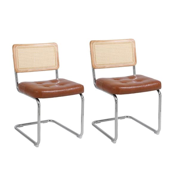 Unbranded Brown Metal Dining Room Chairs, Industrial Upholstered Parsons Chairs Leisure Chair with Rattan Backrest (Set of 2)