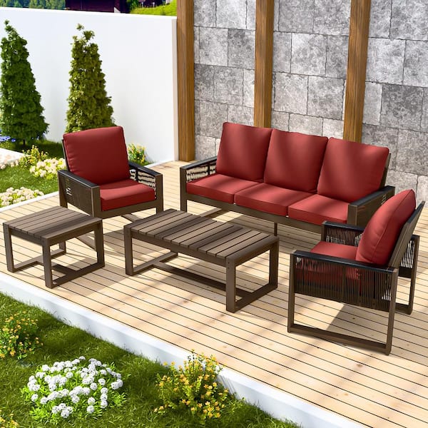 EAGLE PEAK 5-Piece Cedar Wood Wicker Outdoor Patio Conversation Set with Red Cushions, 3-Seat Sofa, Slat Top Coffee Tables