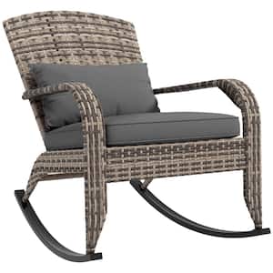 Brown Wicker Outdoor Rocking Chair with Wide Seat, Gray Seat Cushion, and Pillow for Patio, Garden, Backyard